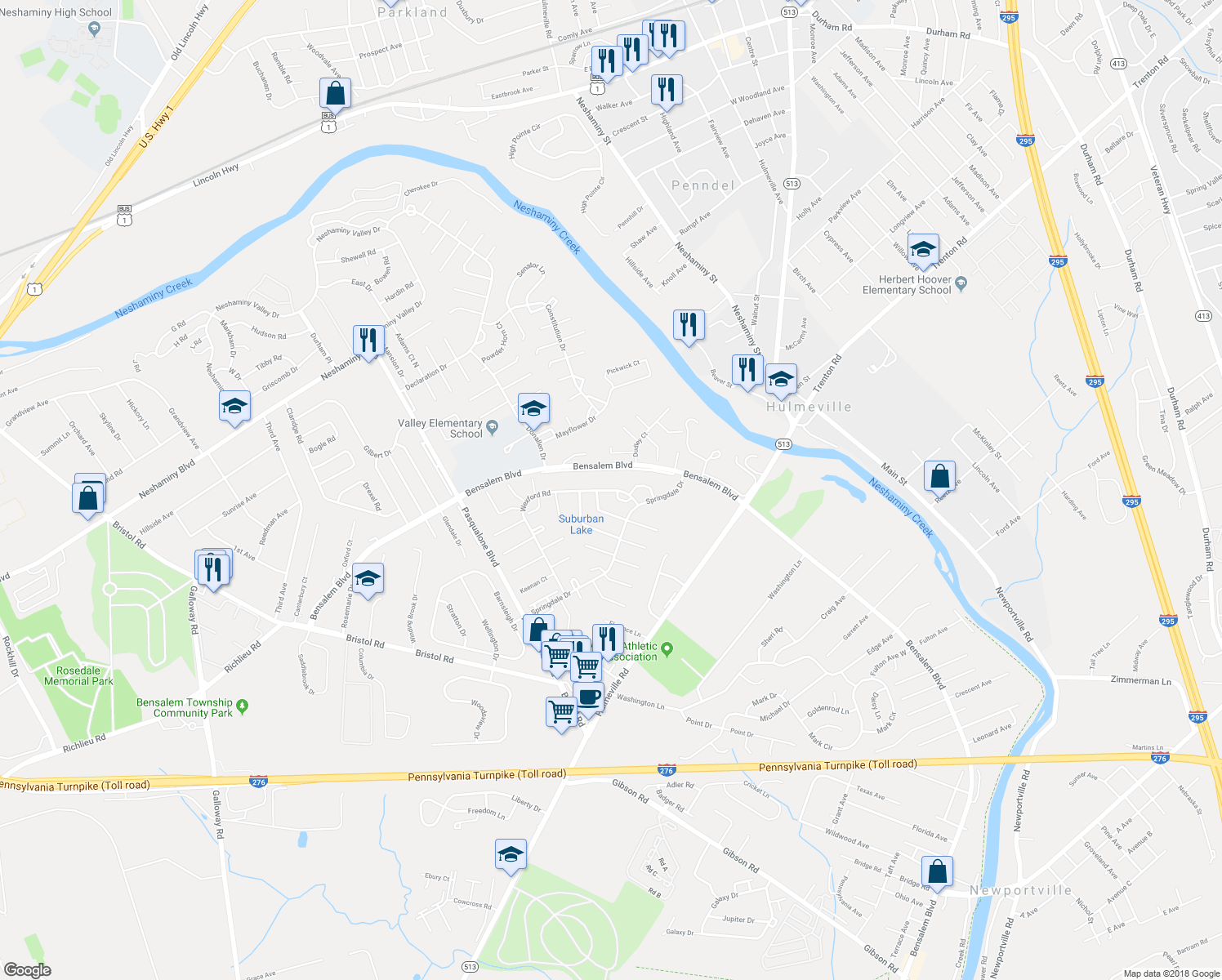 map of restaurants, bars, coffee shops, grocery stores, and more near 2972 Wexford Road in Bensalem