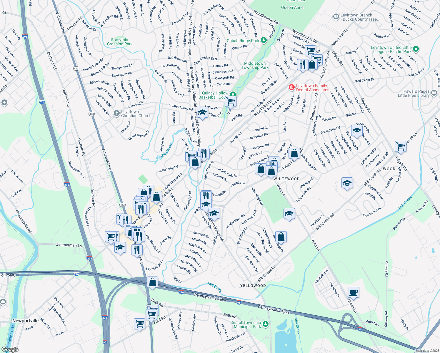 map of restaurants, bars, coffee shops, grocery stores, and more near 49 Inkberry Road in Levittown