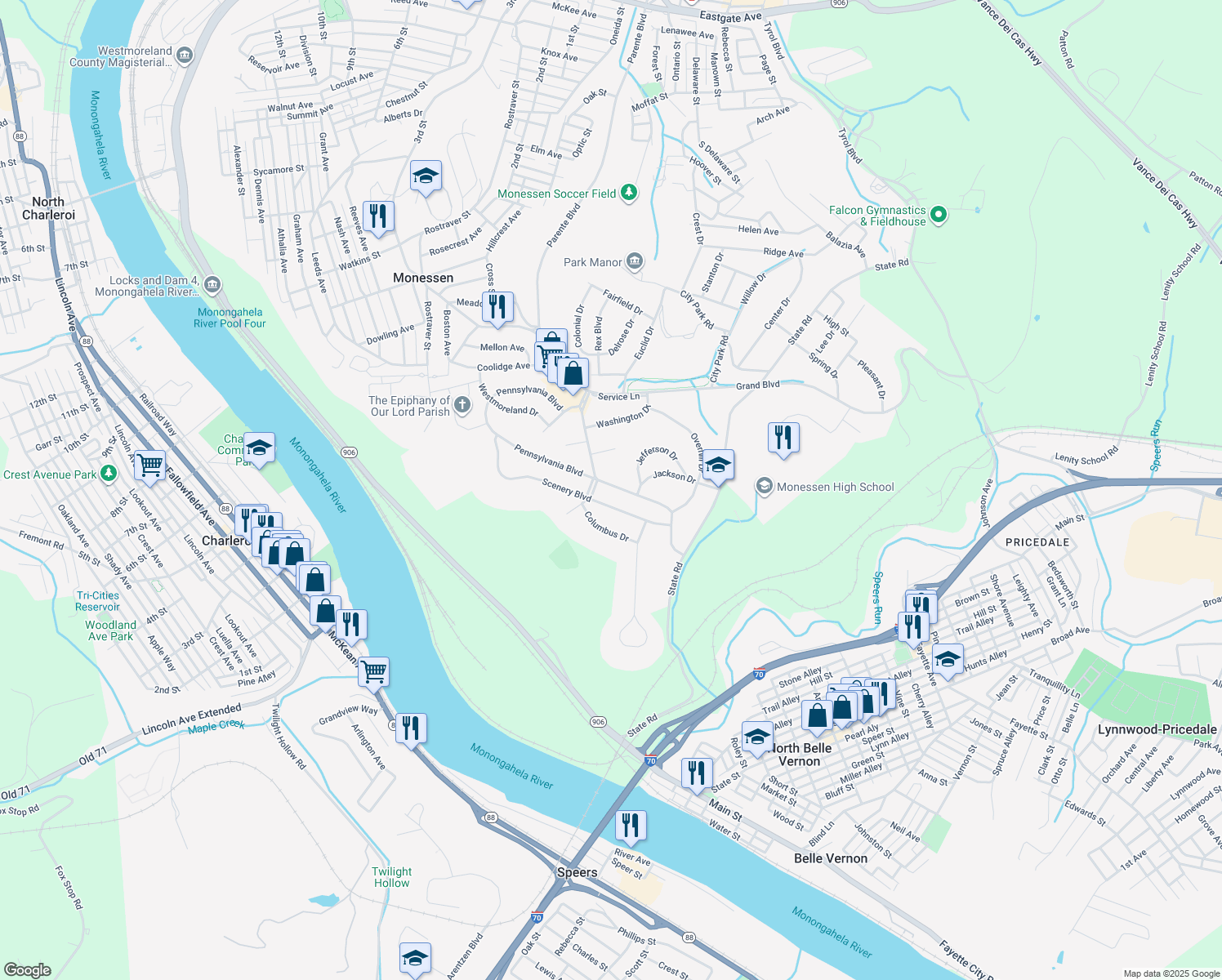 map of restaurants, bars, coffee shops, grocery stores, and more near 112 Pennsylvania Boulevard in Monessen