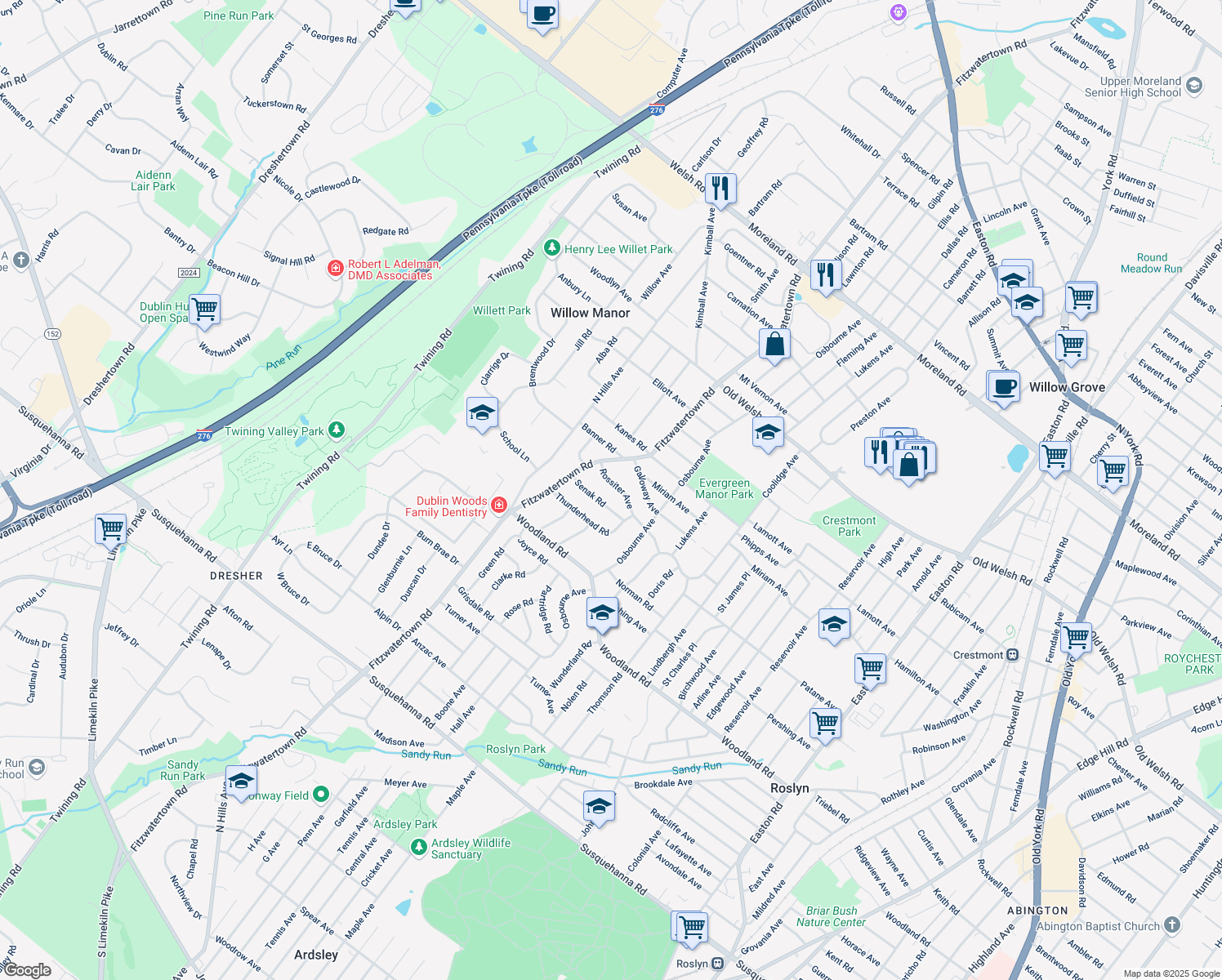 map of restaurants, bars, coffee shops, grocery stores, and more near 2896 Rossiter Avenue in Abington