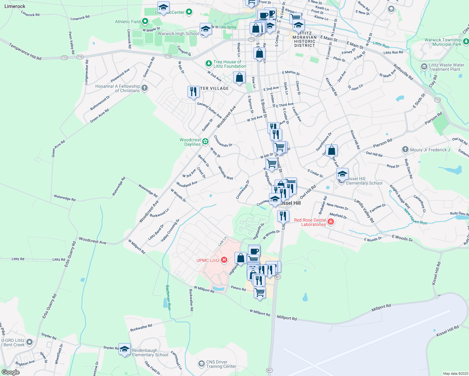 map of restaurants, bars, coffee shops, grocery stores, and more near 19 Tupelo Street in Lititz