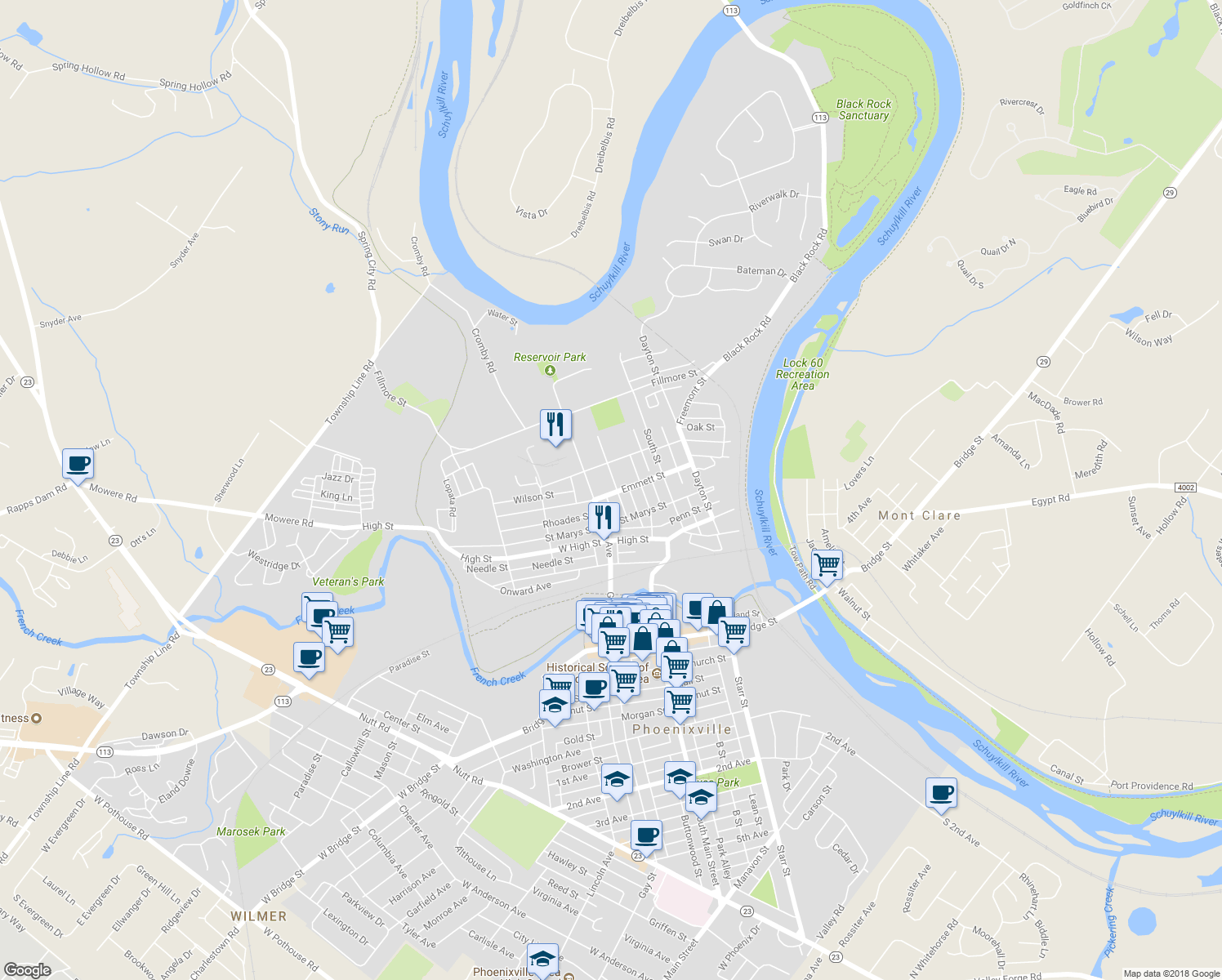 map of restaurants, bars, coffee shops, grocery stores, and more near 335 Emmett Street in Phoenixville