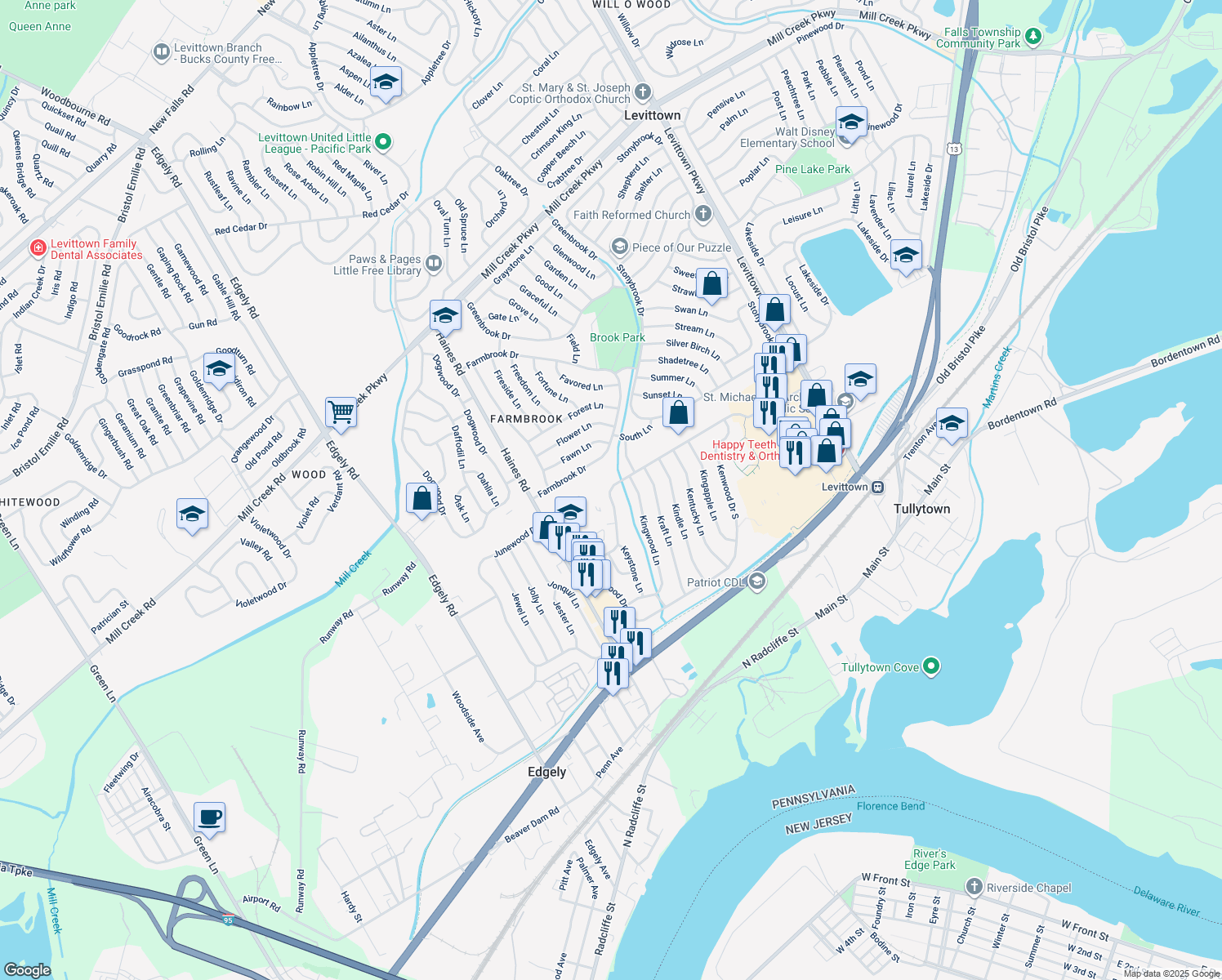 map of restaurants, bars, coffee shops, grocery stores, and more near 76 Kenwood Drive North in Levittown