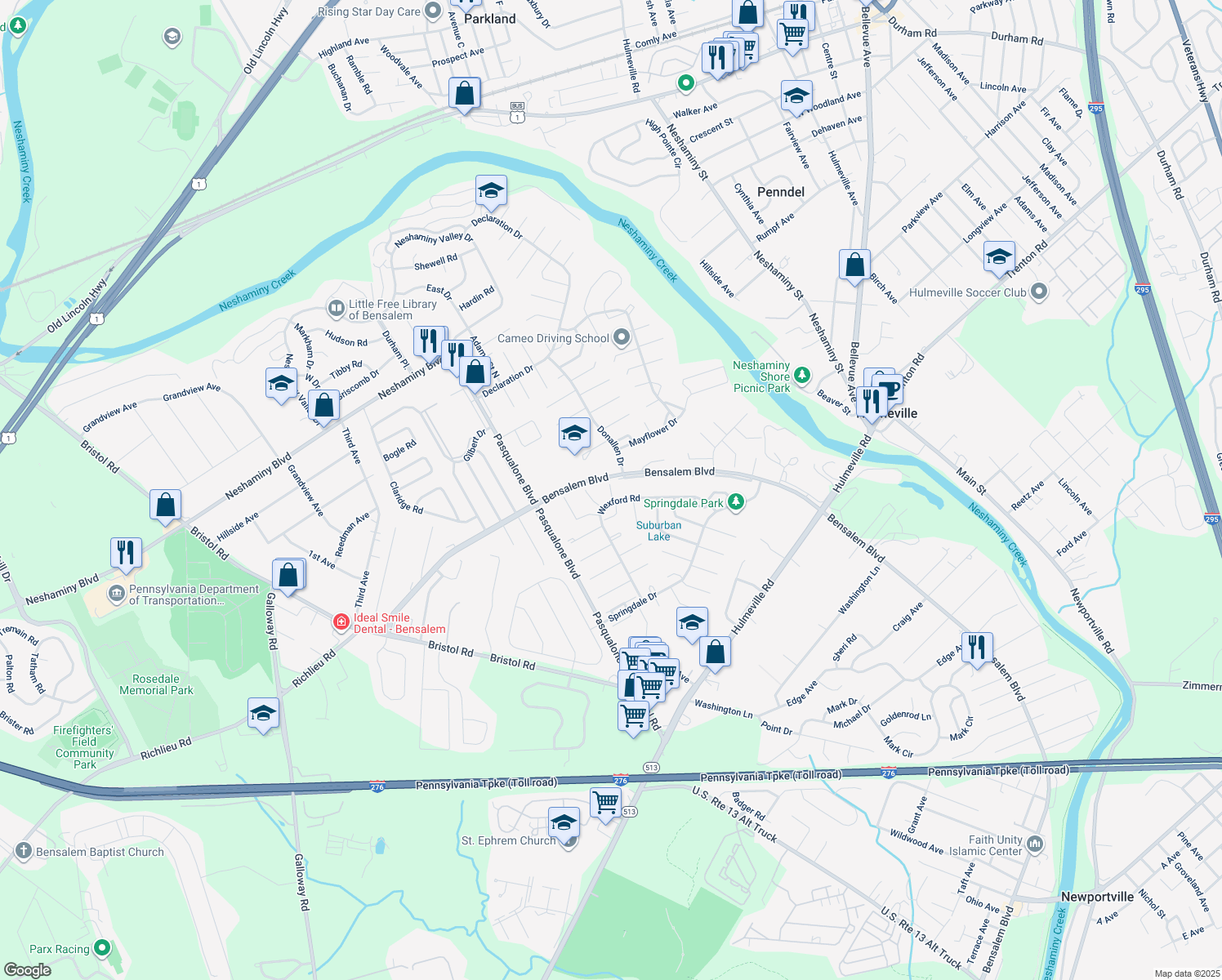 map of restaurants, bars, coffee shops, grocery stores, and more near 2937 Kinsman Court in Bensalem