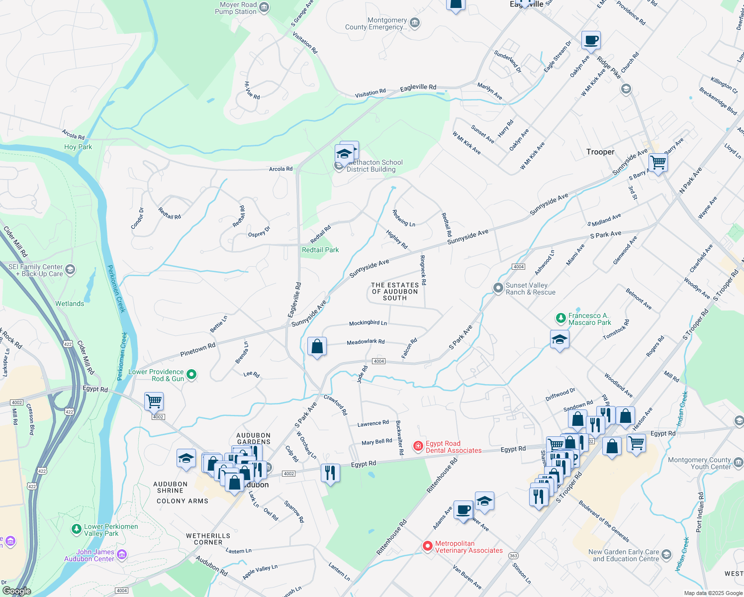 map of restaurants, bars, coffee shops, grocery stores, and more near 717 Mourning Dove Road in Eagleville