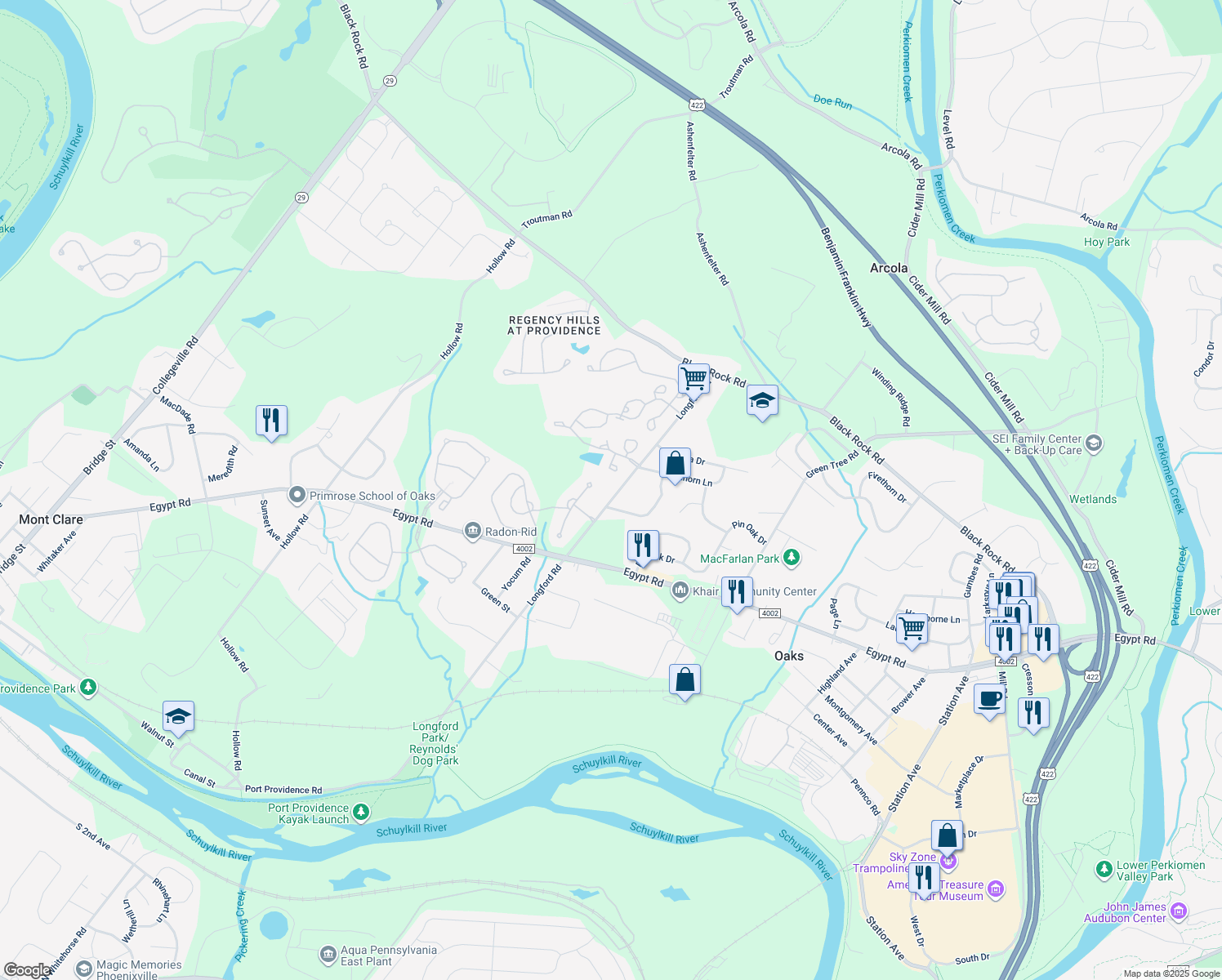 map of restaurants, bars, coffee shops, grocery stores, and more near 1347 Longford Road in Collegeville