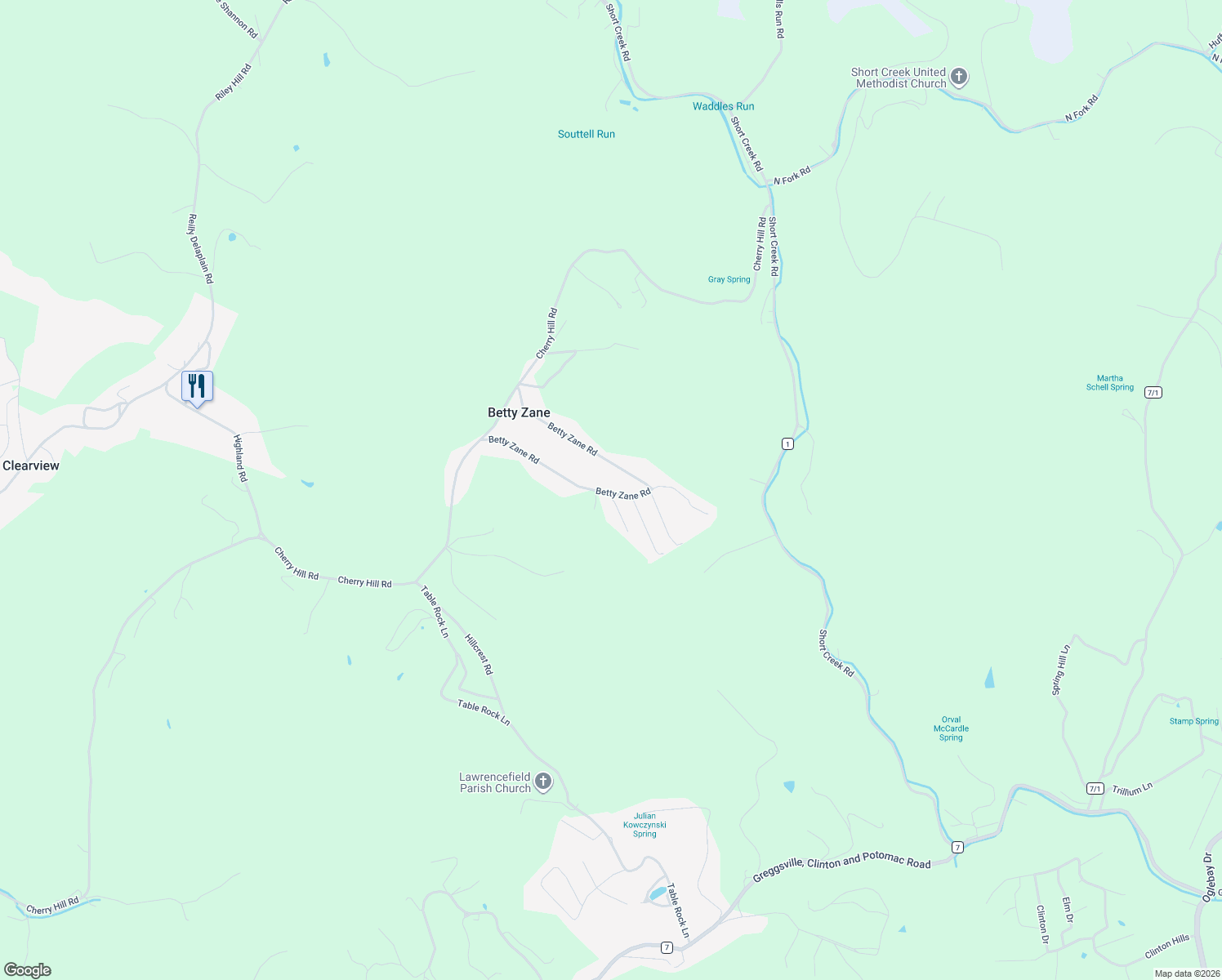 map of restaurants, bars, coffee shops, grocery stores, and more near 955 Betty Zane Road in Wheeling