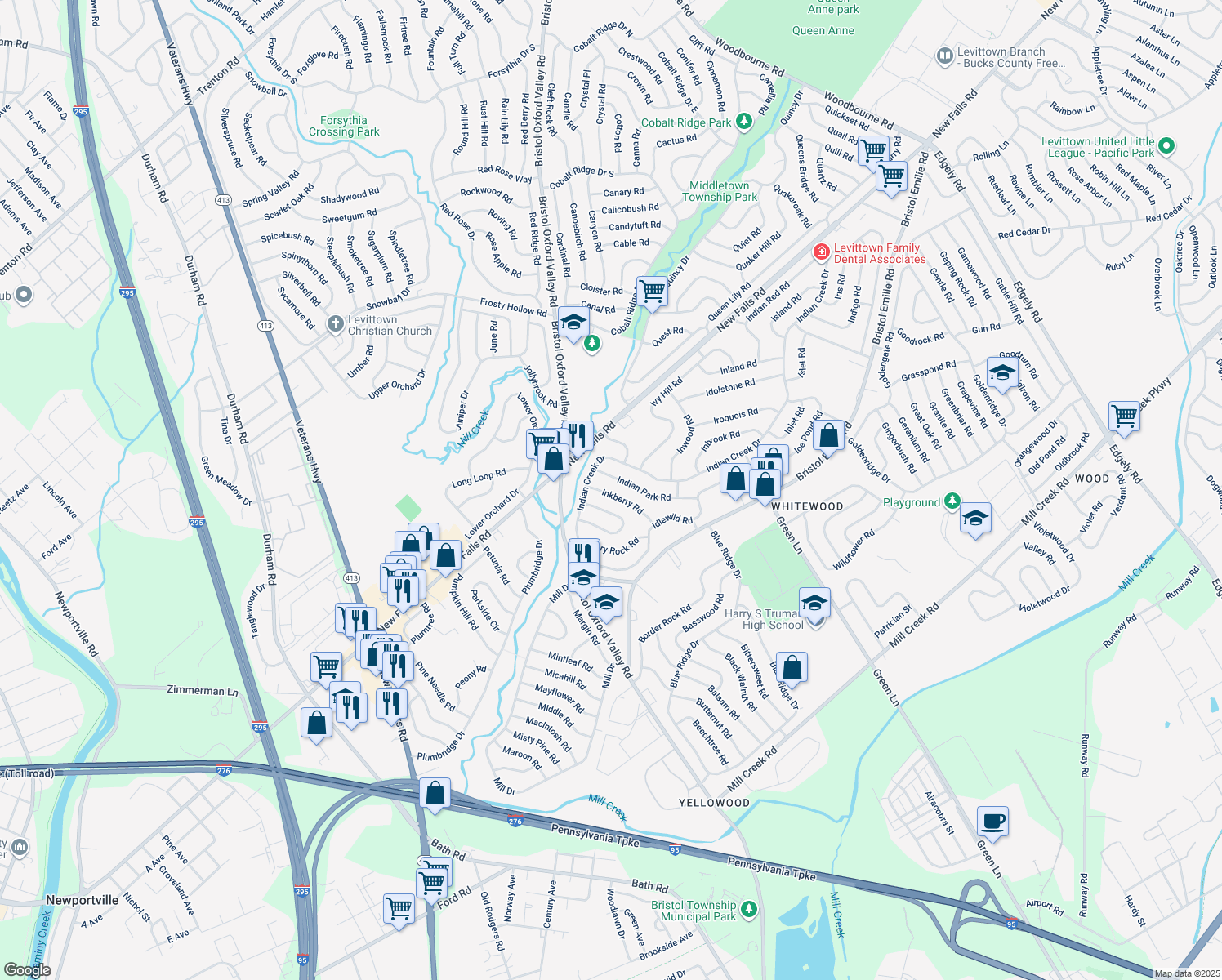 map of restaurants, bars, coffee shops, grocery stores, and more near 15 Inkberry Road in Levittown