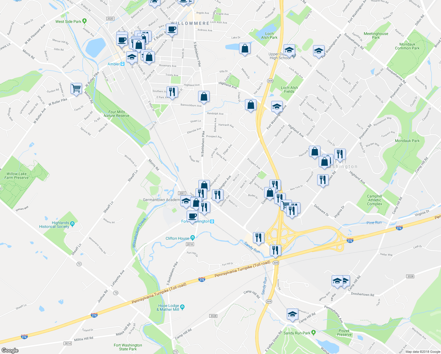 map of restaurants, bars, coffee shops, grocery stores, and more near 207 Washington Lane in Fort Washington