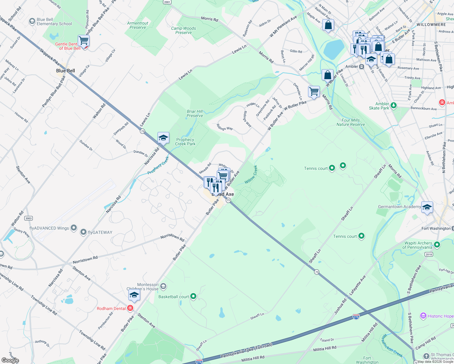 map of restaurants, bars, coffee shops, grocery stores, and more near 845 West Butler Avenue in Ambler