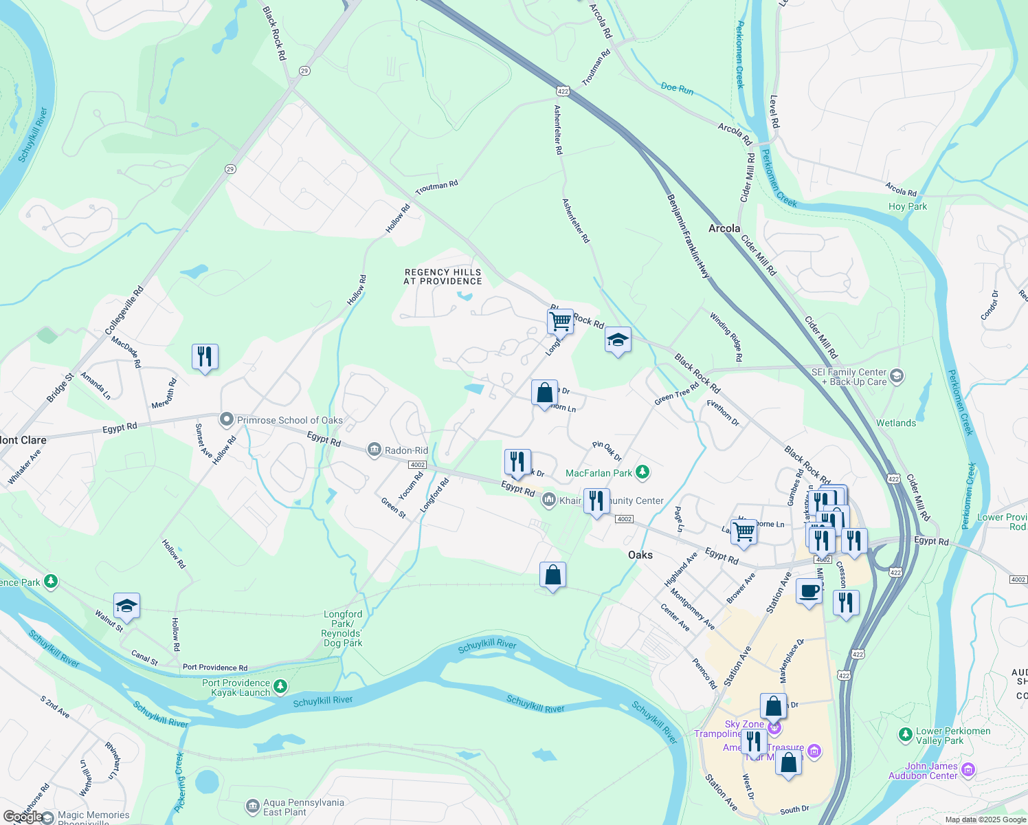 map of restaurants, bars, coffee shops, grocery stores, and more near 1356 Longford Road in Collegeville