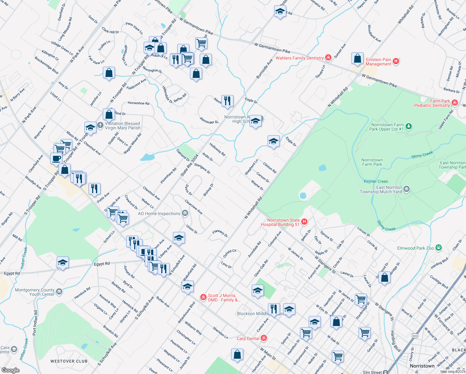 map of restaurants, bars, coffee shops, grocery stores, and more near 1827 Sterigere St in Eagleville