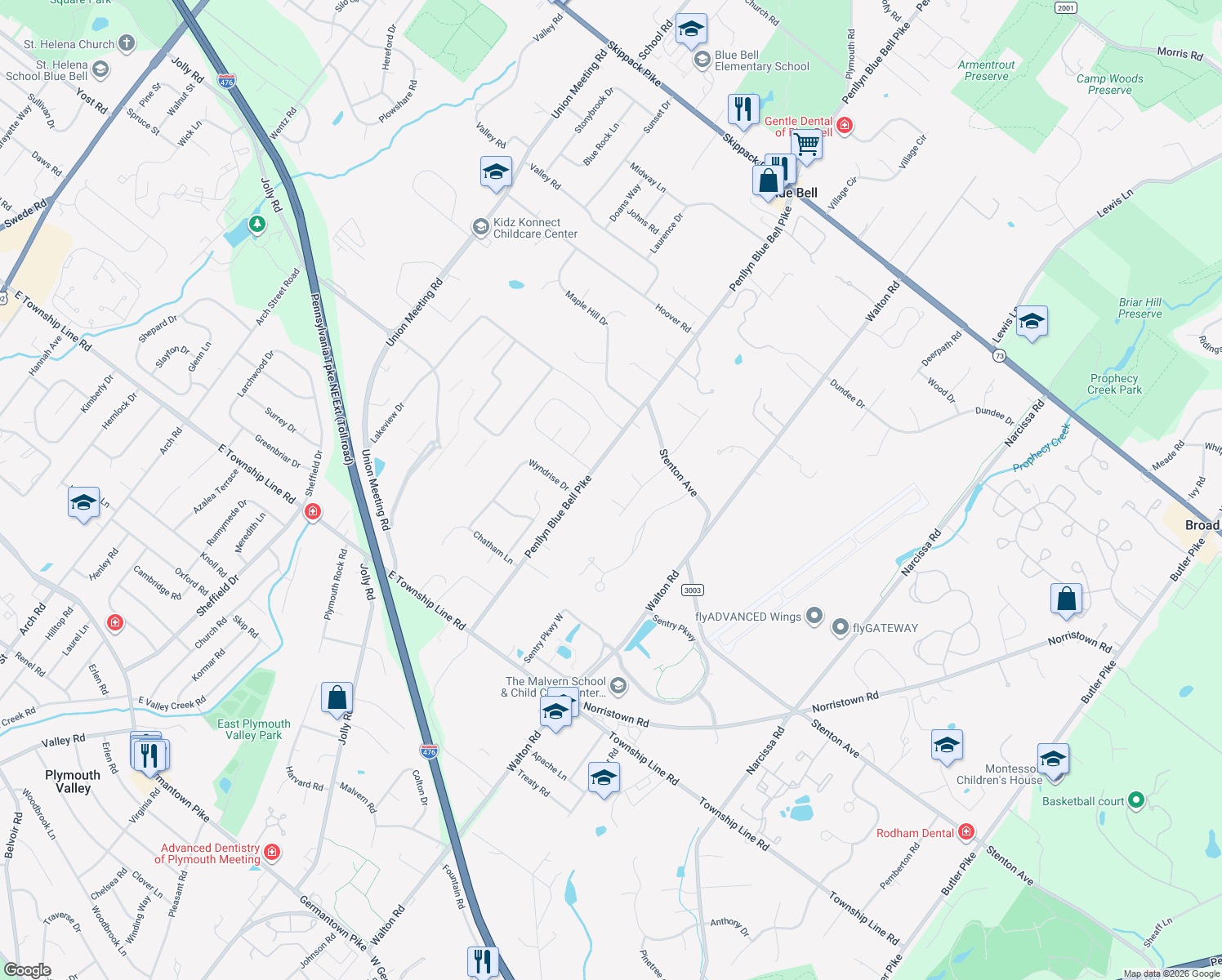 map of restaurants, bars, coffee shops, grocery stores, and more near 1475 Granary Road in Blue Bell