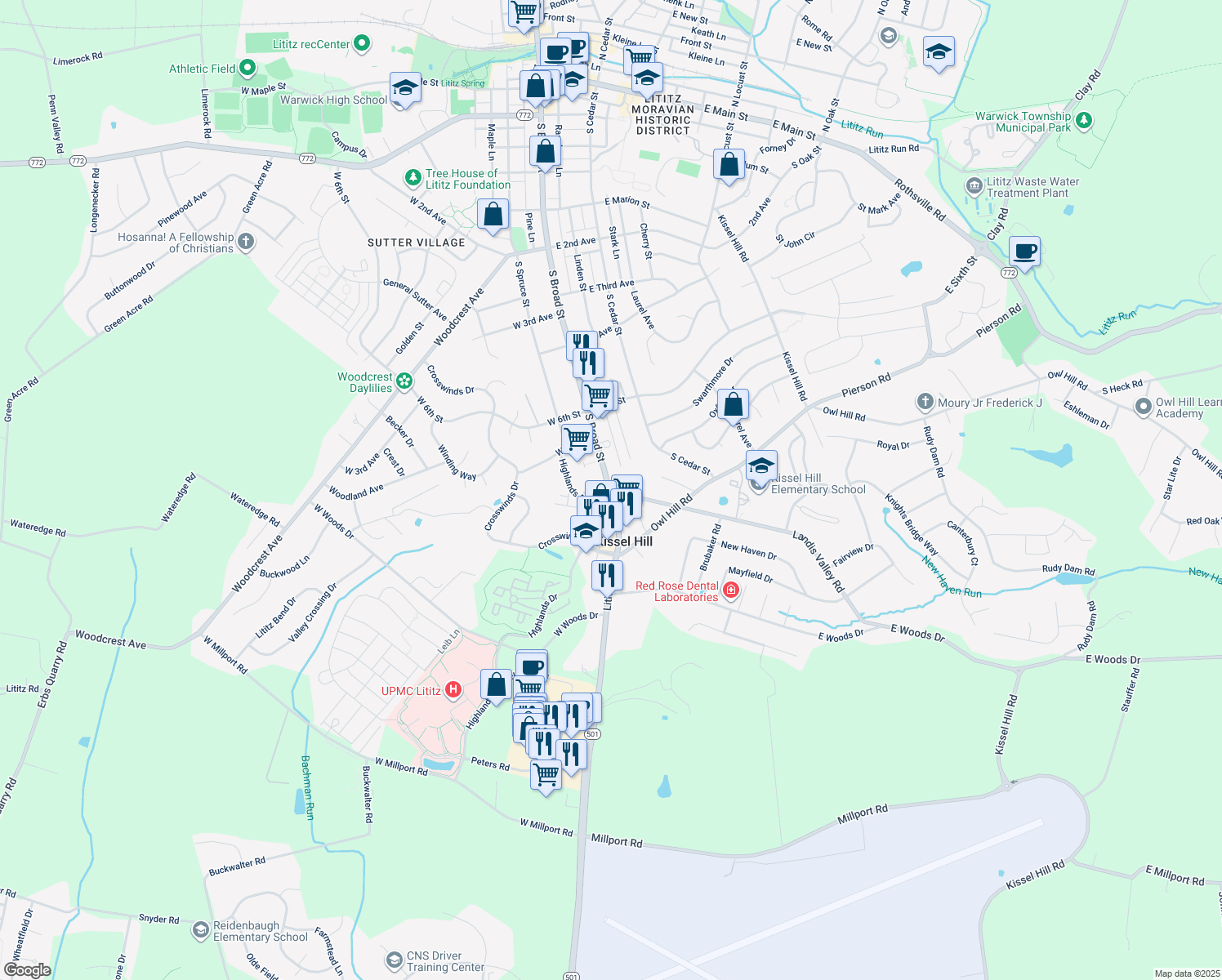 map of restaurants, bars, coffee shops, grocery stores, and more near 3 Landis Valley Road in Lititz