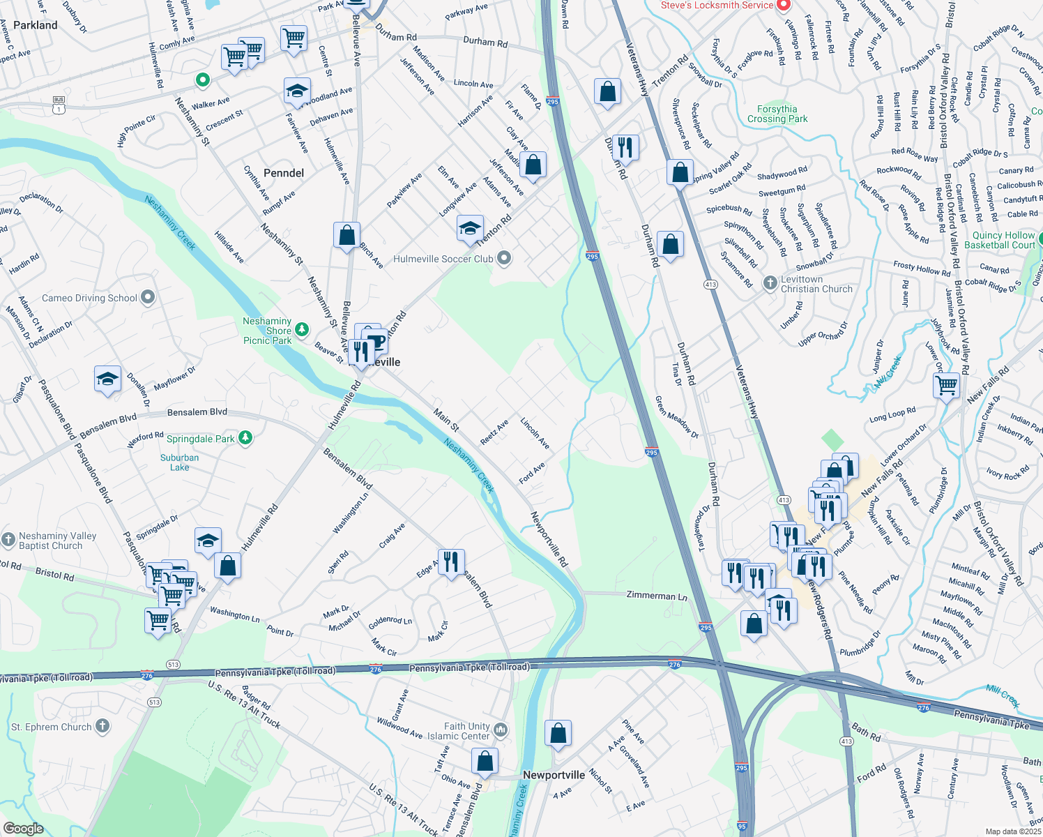 map of restaurants, bars, coffee shops, grocery stores, and more near 520 Lincoln Avenue in Hulmeville