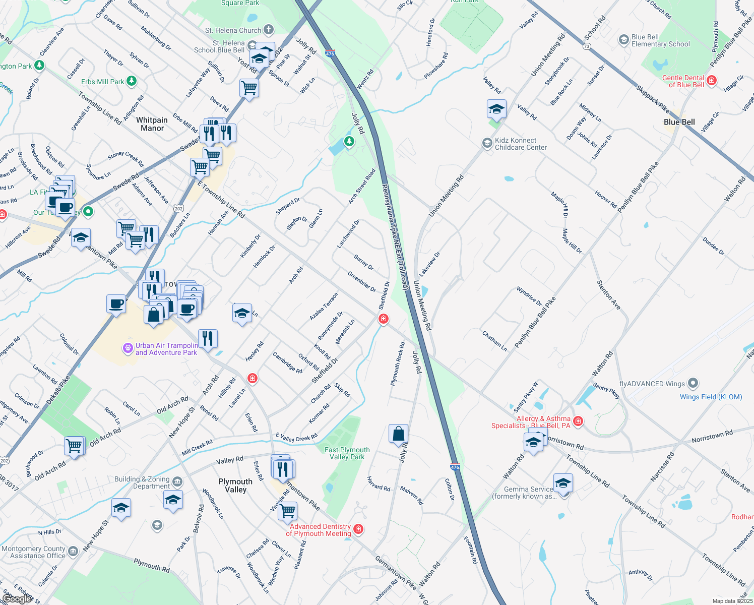 map of restaurants, bars, coffee shops, grocery stores, and more near 1775 Sheffield Drive in Blue Bell