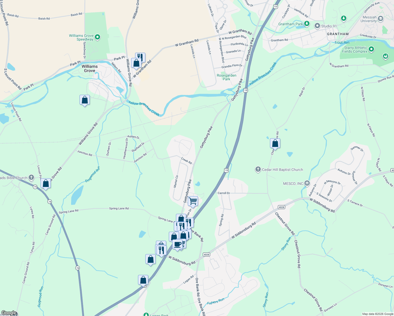 map of restaurants, bars, coffee shops, grocery stores, and more near 1185 Gettysburg Pike in Dillsburg