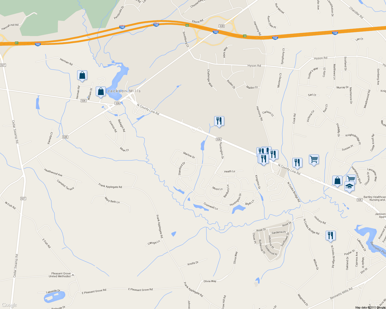 map of restaurants, bars, coffee shops, grocery stores, and more near 58 Marlow Drive in Jackson