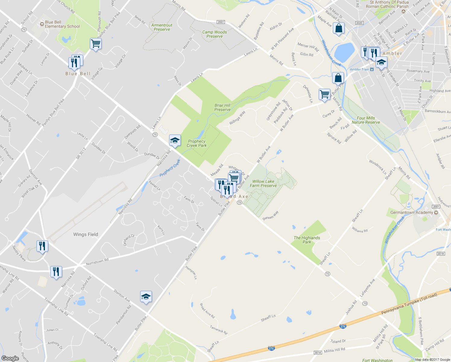 map of restaurants, bars, coffee shops, grocery stores, and more near 849 Ivy Road in Ambler