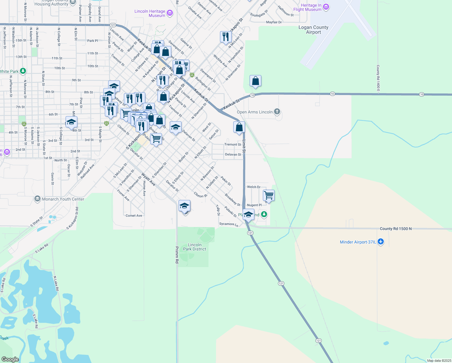 map of restaurants, bars, coffee shops, grocery stores, and more near 1701 Pekin Street in Lincoln