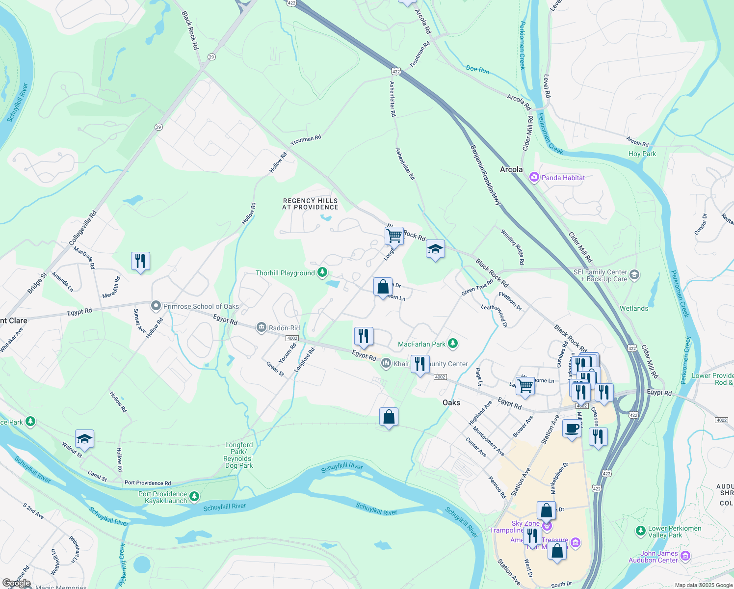 map of restaurants, bars, coffee shops, grocery stores, and more near 3 Buckthorn Lane in Collegeville