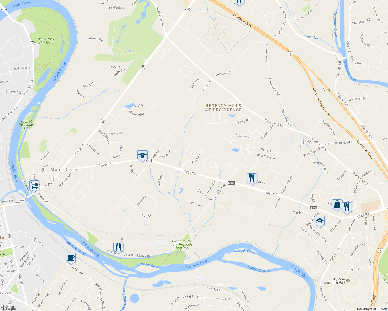 map of restaurants, bars, coffee shops, grocery stores, and more near 34 Thayer Way in Phoenixville
