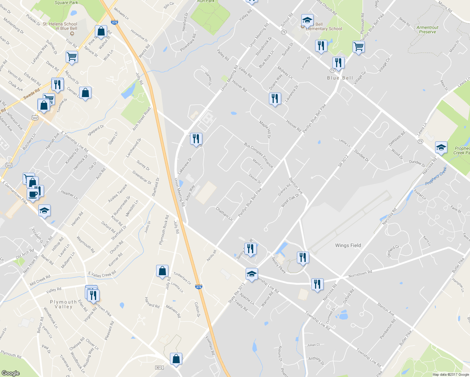 map of restaurants, bars, coffee shops, grocery stores, and more near 680 Wyndrise Drive in Blue Bell