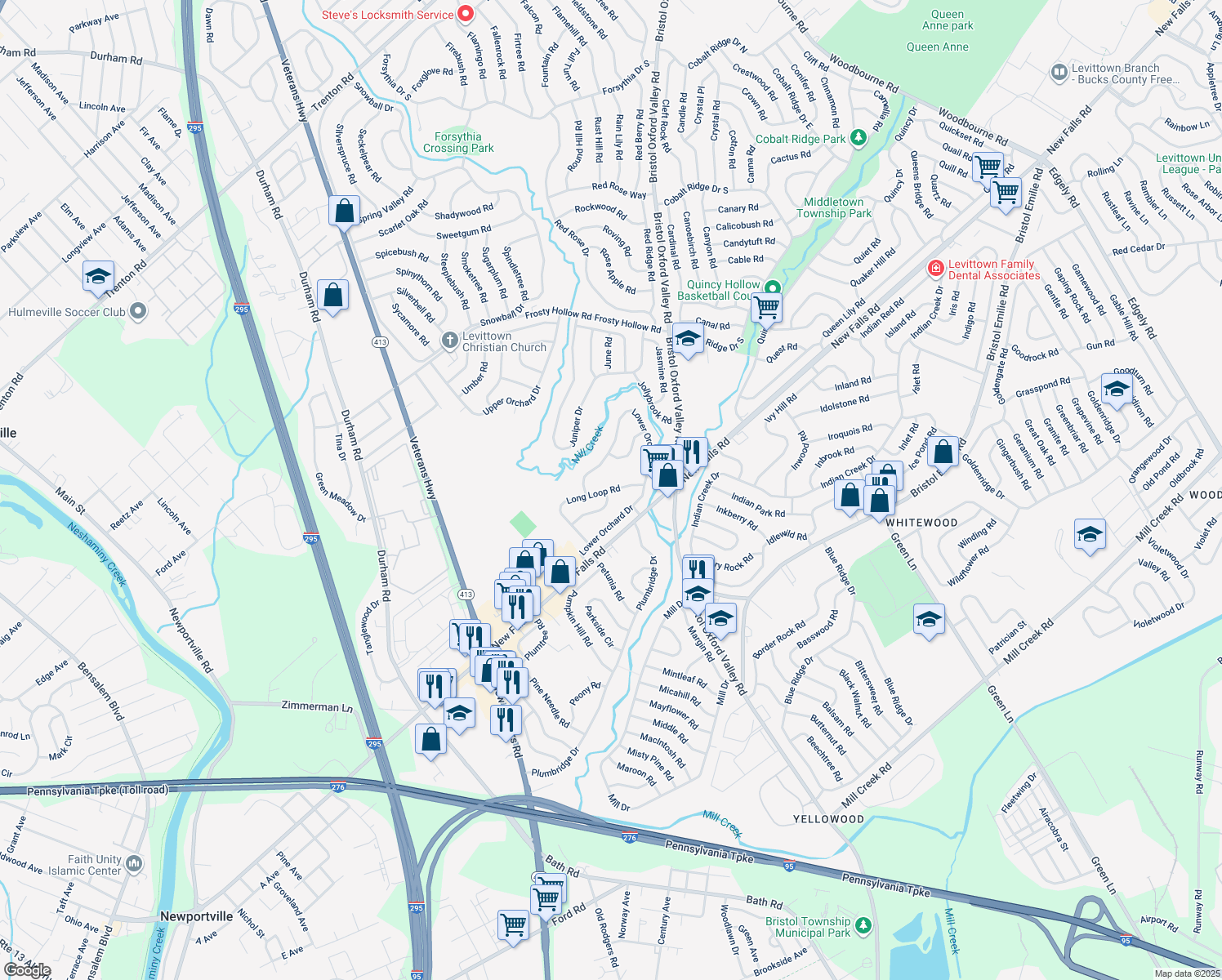 map of restaurants, bars, coffee shops, grocery stores, and more near 75 Long Loop Road in Levittown