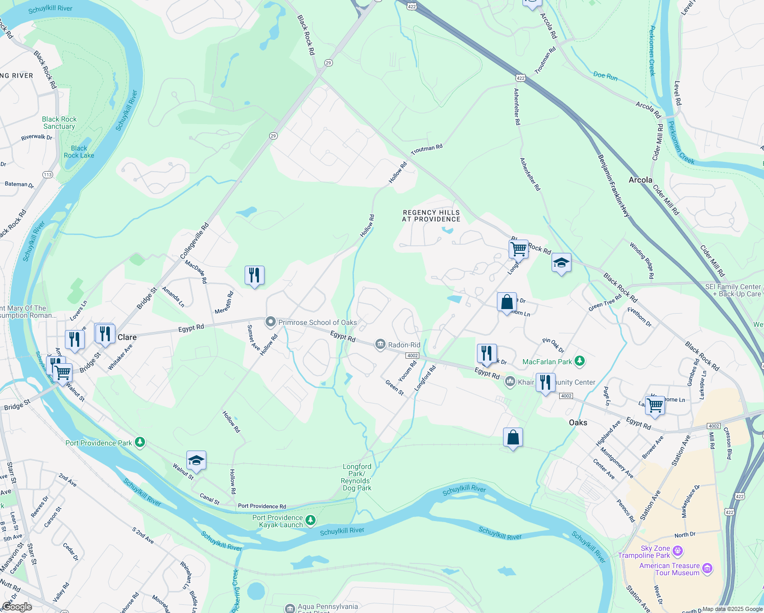 map of restaurants, bars, coffee shops, grocery stores, and more near 41 Thayer Way in Phoenixville