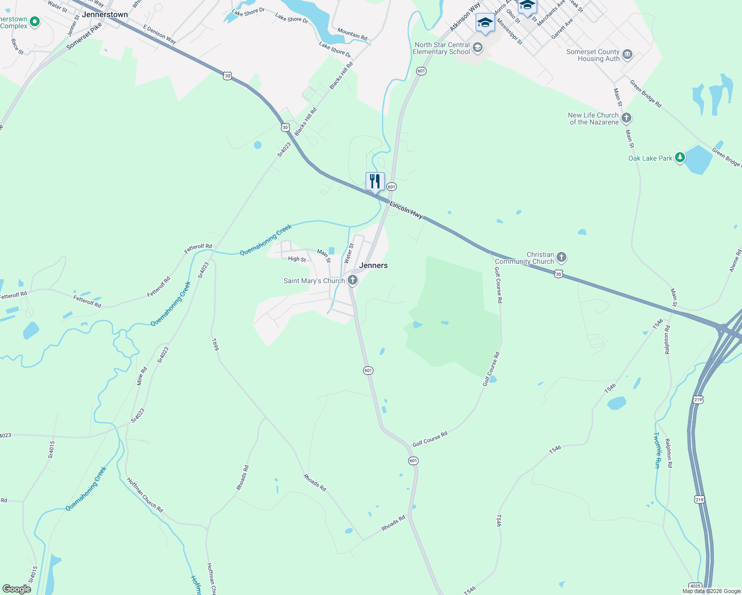 map of restaurants, bars, coffee shops, grocery stores, and more near 338 Oak Crest Drive in Stoystown