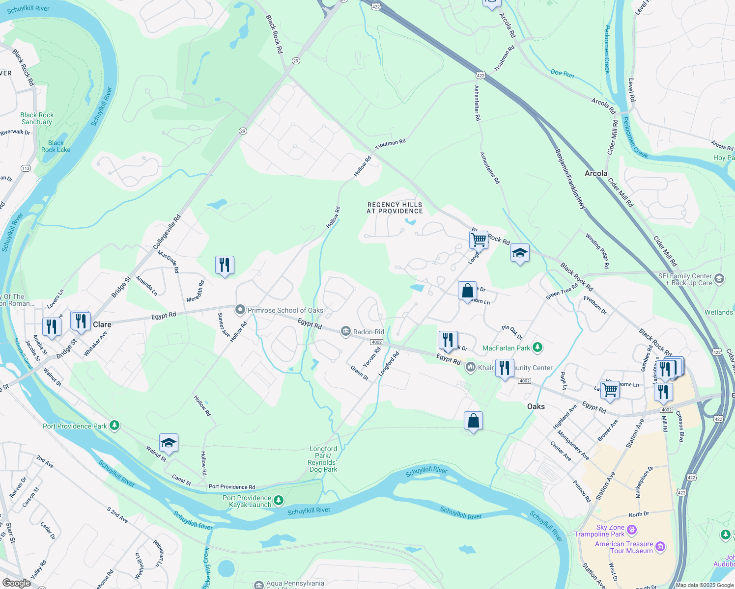 map of restaurants, bars, coffee shops, grocery stores, and more near 208 Hudson Drive in Phoenixville