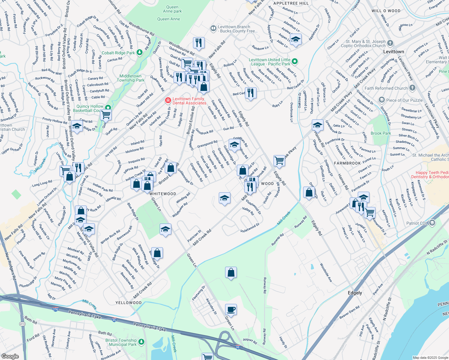 map of restaurants, bars, coffee shops, grocery stores, and more near 116 Goldenridge Drive in Levittown