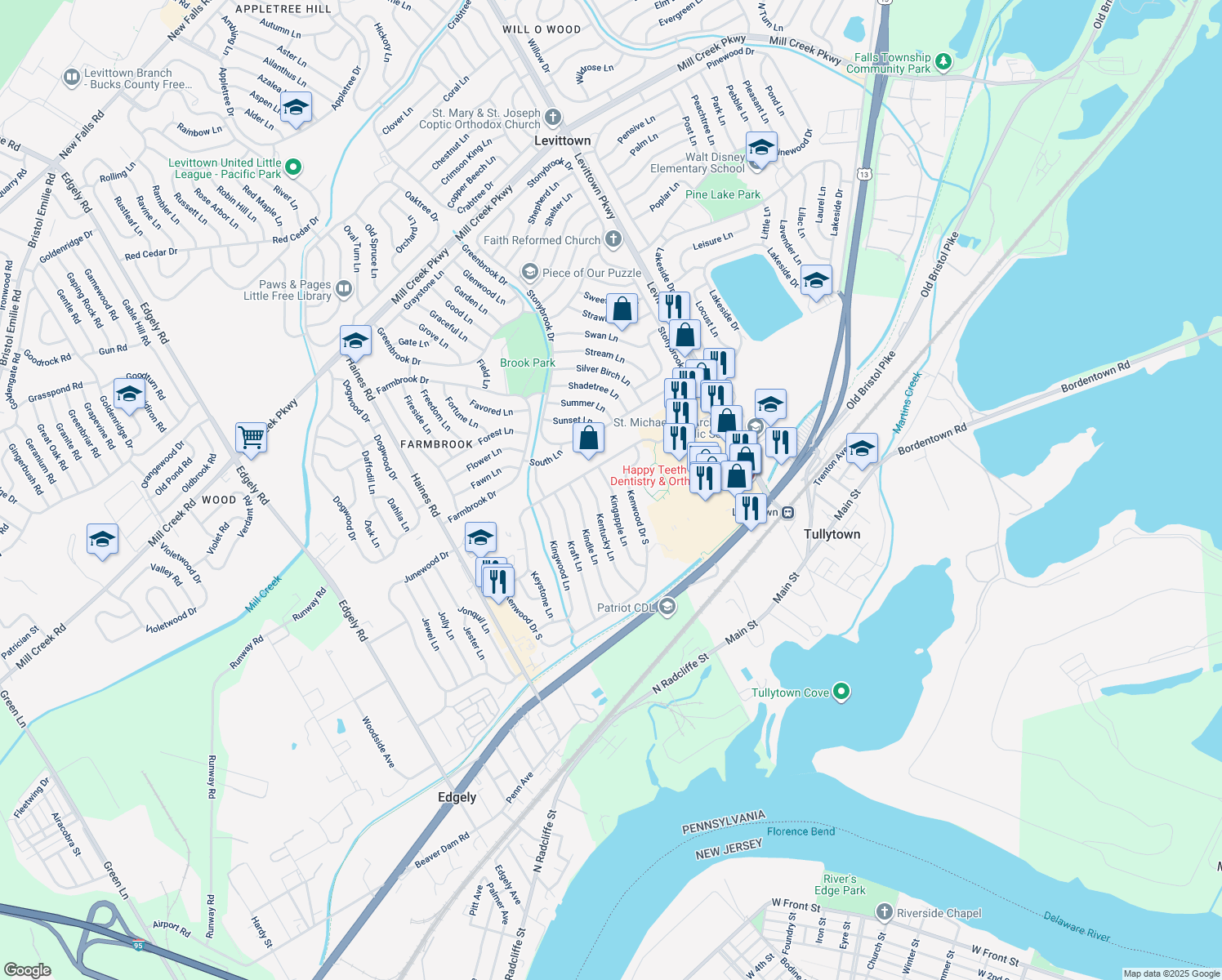 map of restaurants, bars, coffee shops, grocery stores, and more near 77 Kingapple Lane in Levittown