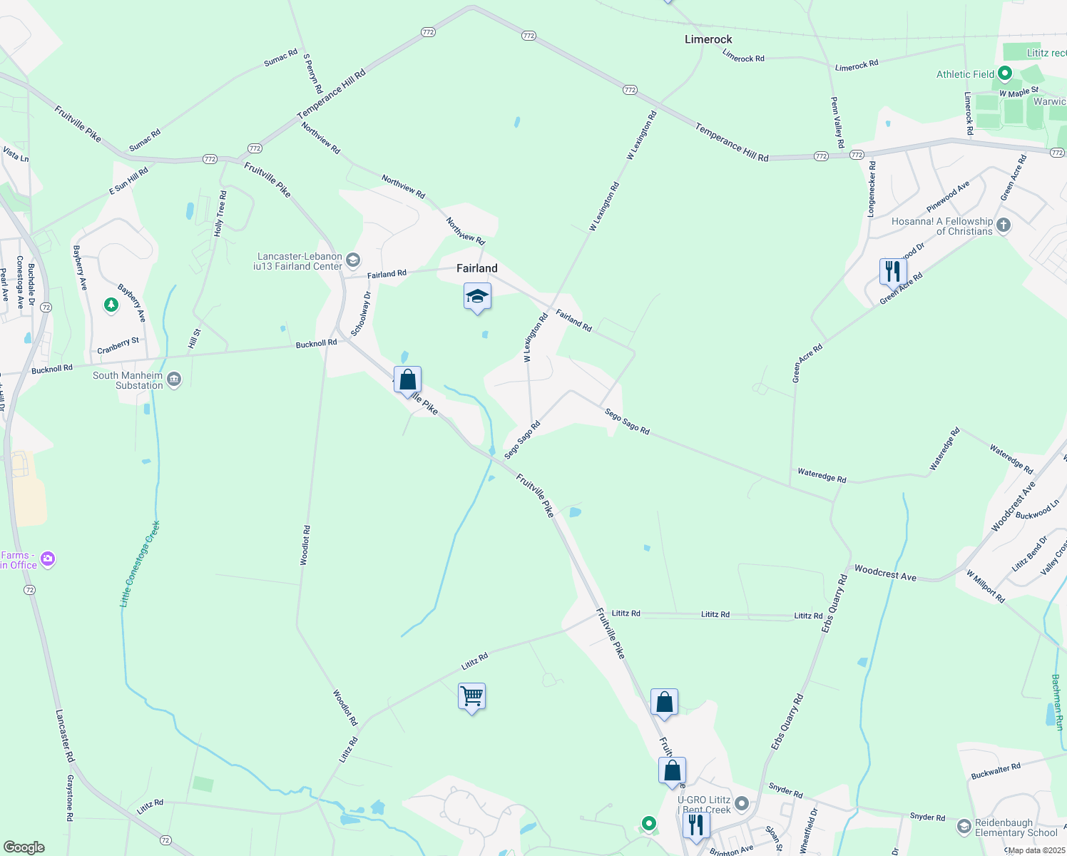 map of restaurants, bars, coffee shops, grocery stores, and more near 37 Sego Sago Road in Manheim