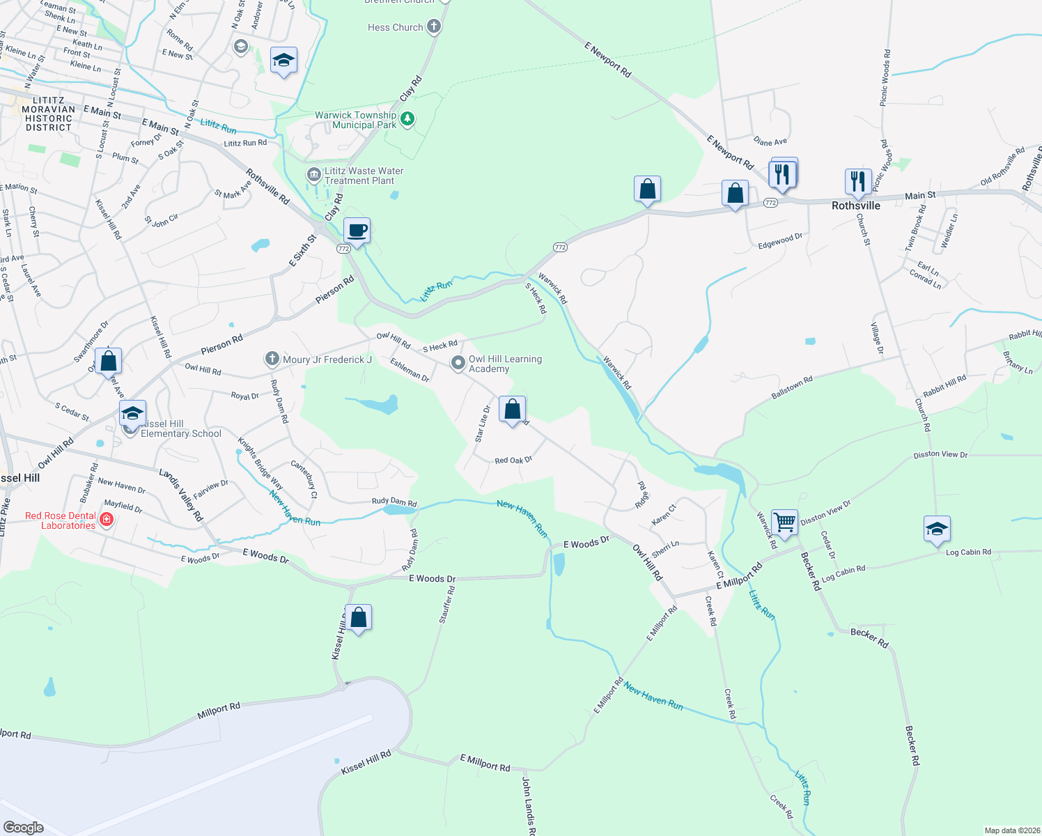 map of restaurants, bars, coffee shops, grocery stores, and more near 599 Owl Hill Road in Lititz