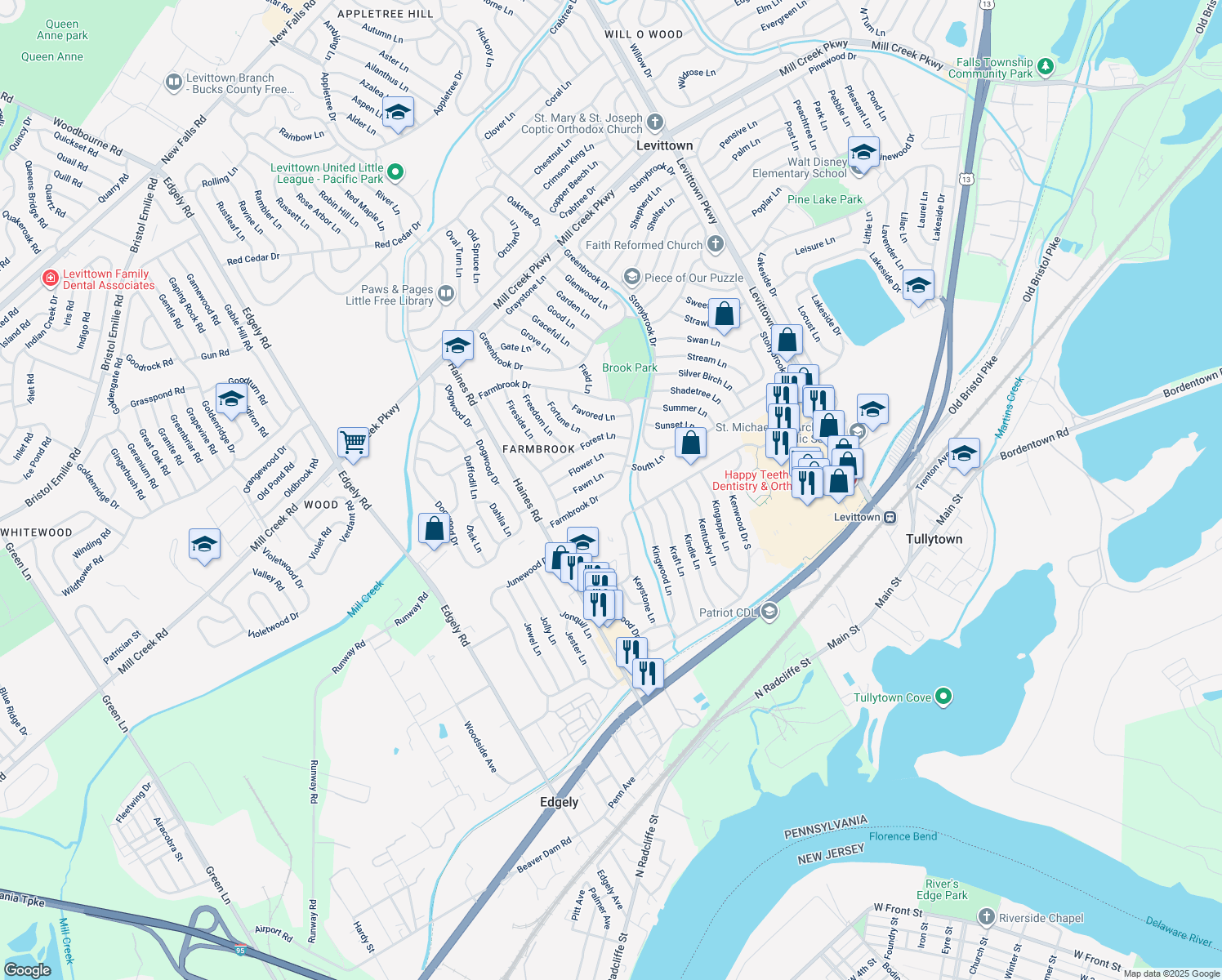 map of restaurants, bars, coffee shops, grocery stores, and more near 46 Farmbrook Drive in Levittown
