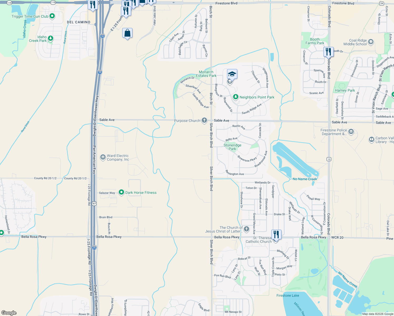 map of restaurants, bars, coffee shops, grocery stores, and more near 9715 Co Road 11 in Longmont