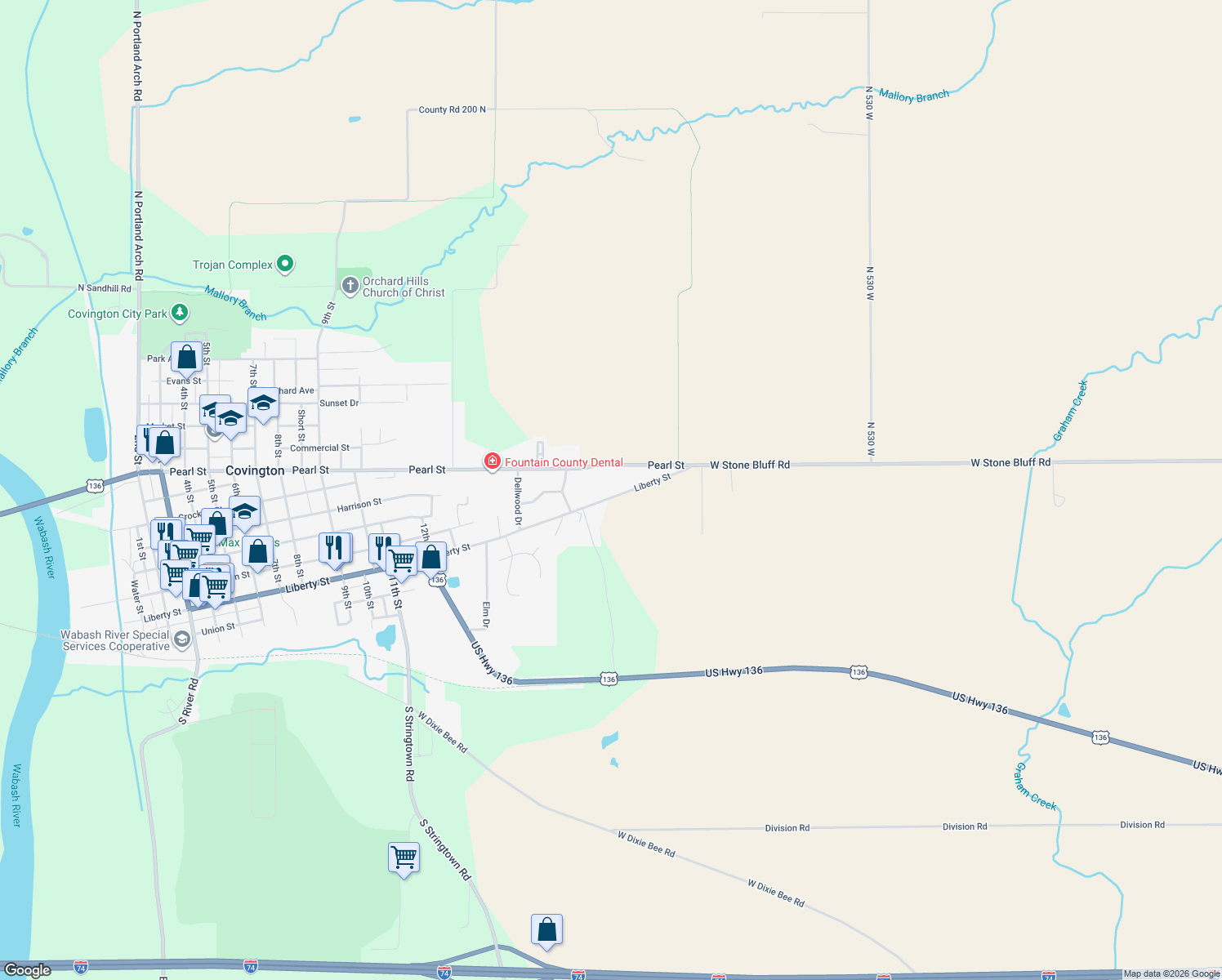 map of restaurants, bars, coffee shops, grocery stores, and more near 1621 Liberty Street in Covington