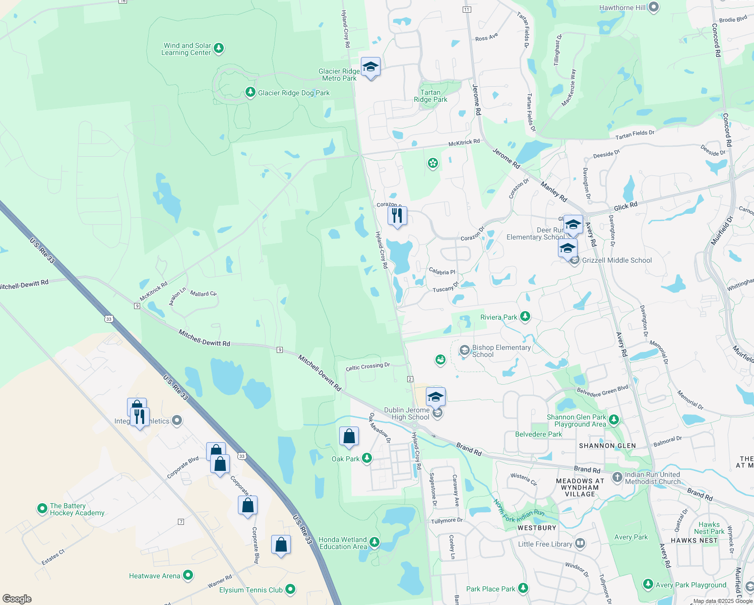 map of restaurants, bars, coffee shops, grocery stores, and more near 8789 Hyland-Croy Road in Plain City