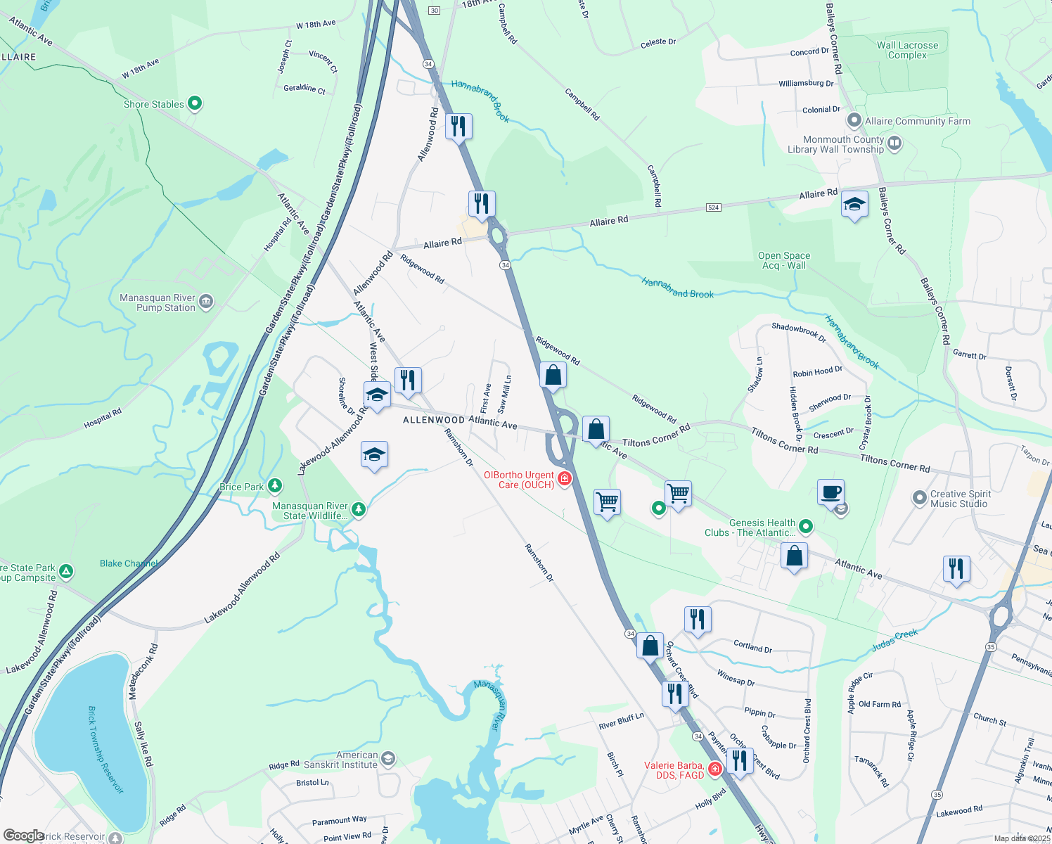 map of restaurants, bars, coffee shops, grocery stores, and more near 3010 Atlantic Ave in Wall Township