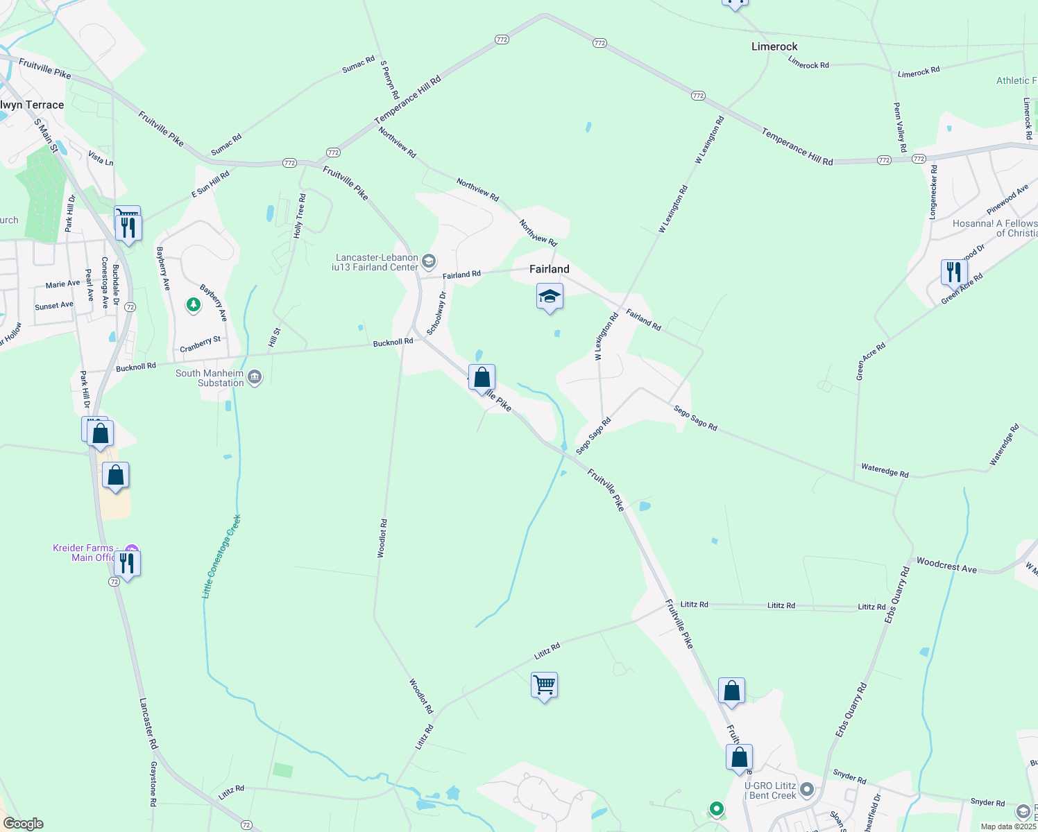 map of restaurants, bars, coffee shops, grocery stores, and more near 682 Fruitville Pike in Manheim