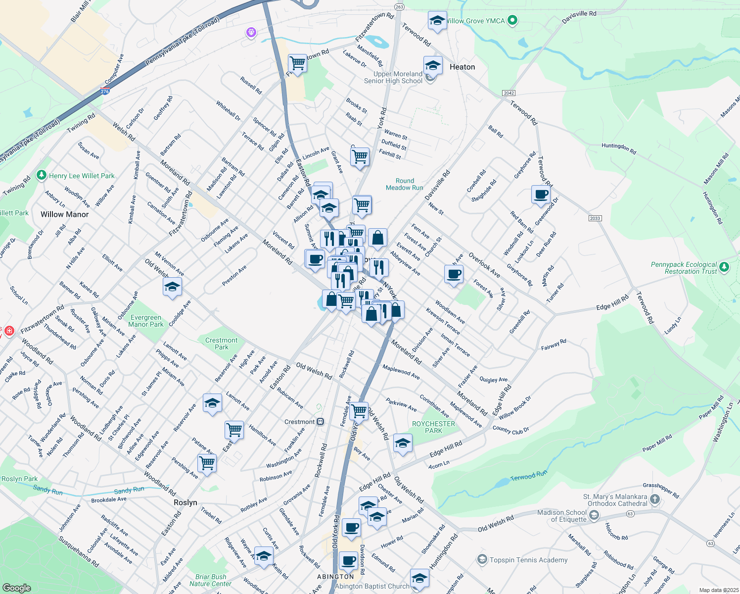 map of restaurants, bars, coffee shops, grocery stores, and more near 30 Cherry St in Willow Grove