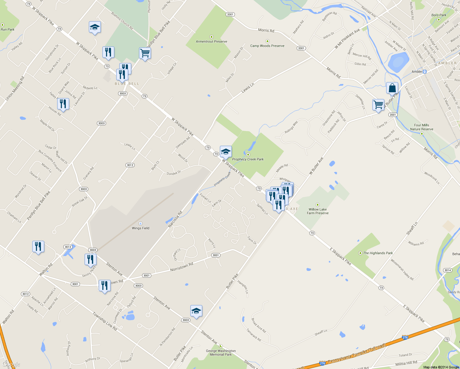 map of restaurants, bars, coffee shops, grocery stores, and more near 267 Brandon Ct in Blue Bell