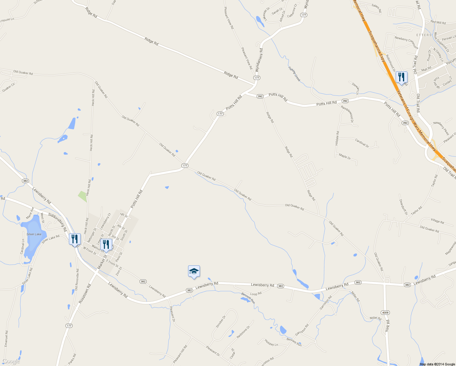 map of restaurants, bars, coffee shops, grocery stores, and more near 1325 Old Quaker Road in Etters