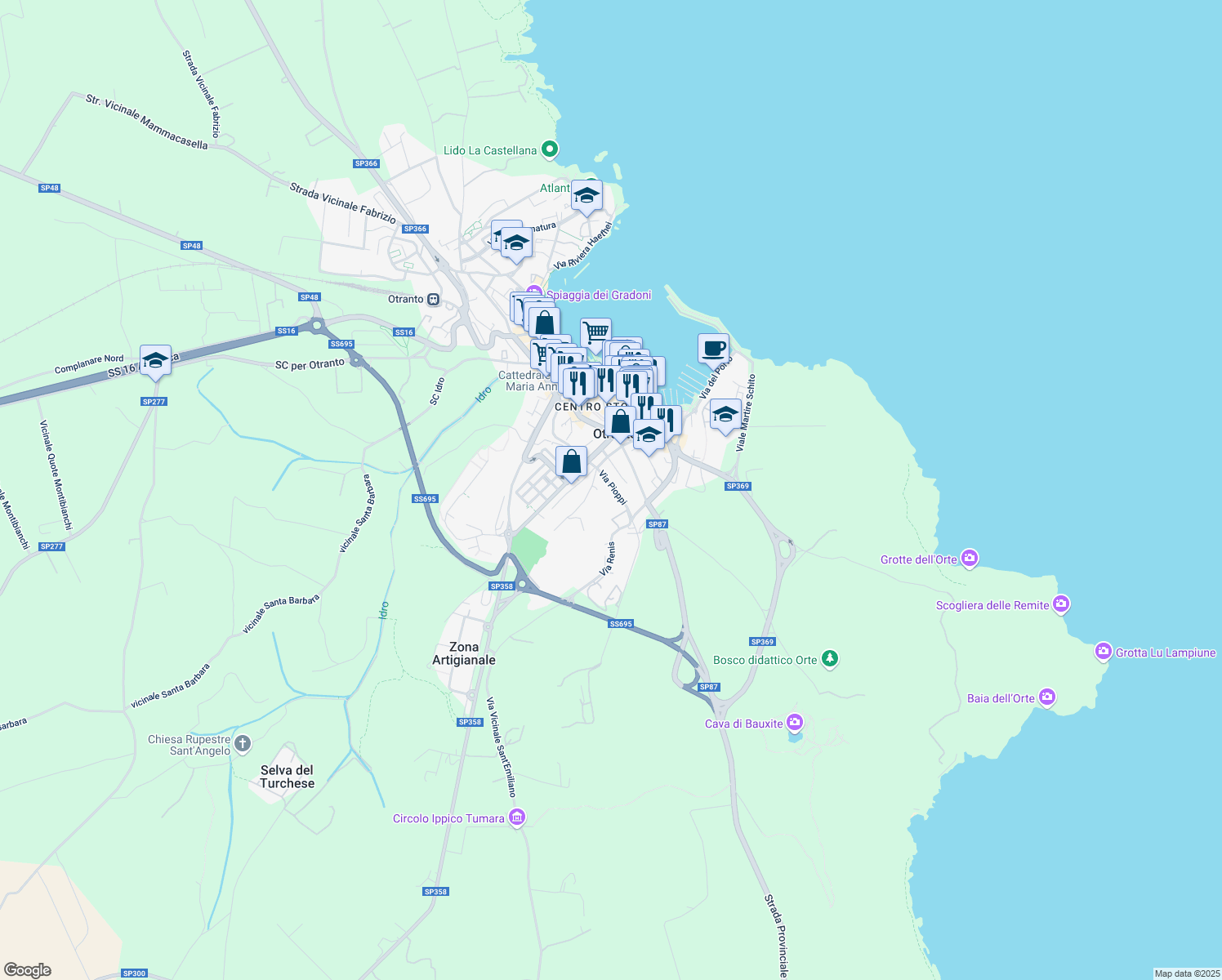 map of restaurants, bars, coffee shops, grocery stores, and more near 33 Via Pioppi in Otranto