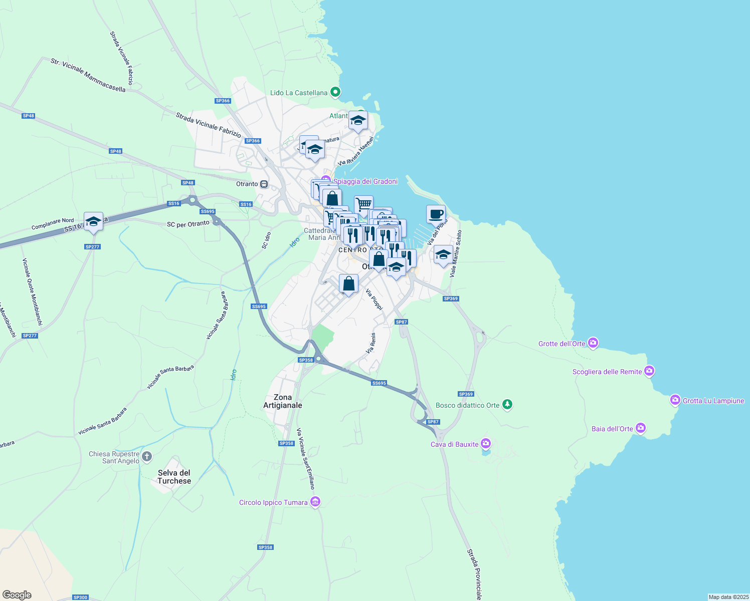 map of restaurants, bars, coffee shops, grocery stores, and more near 33 Via Pioppi in Otranto