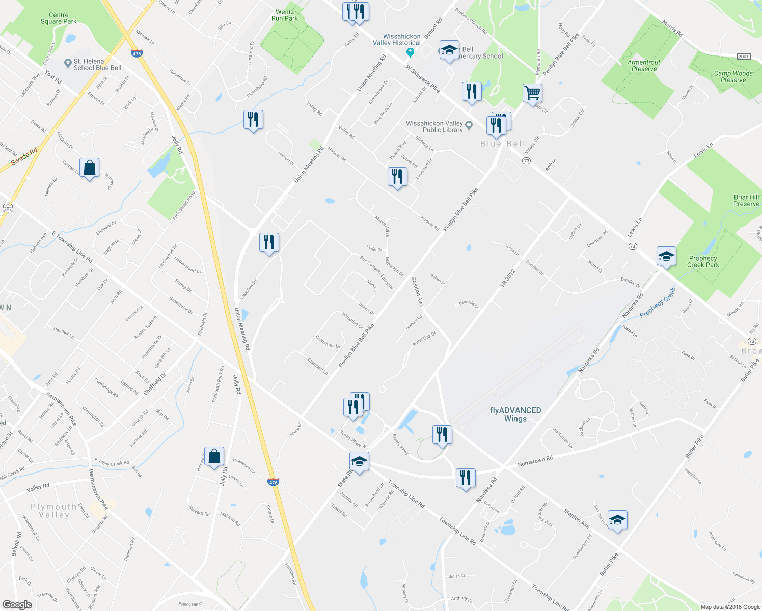 map of restaurants, bars, coffee shops, grocery stores, and more near 1485 Penllyn Blue Bell Pike in Blue Bell