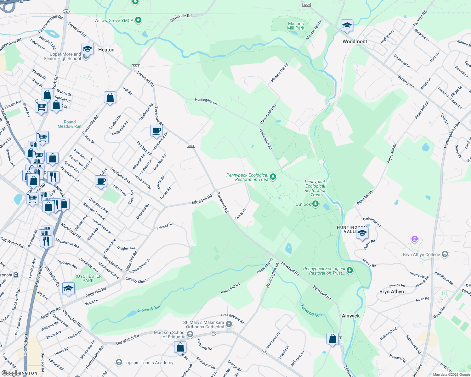 map of restaurants, bars, coffee shops, grocery stores, and more near 2805 Edge Hill Road in Montgomery