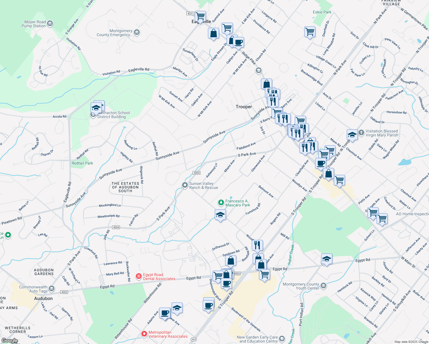 map of restaurants, bars, coffee shops, grocery stores, and more near 10 Ashwood Lane in Eagleville