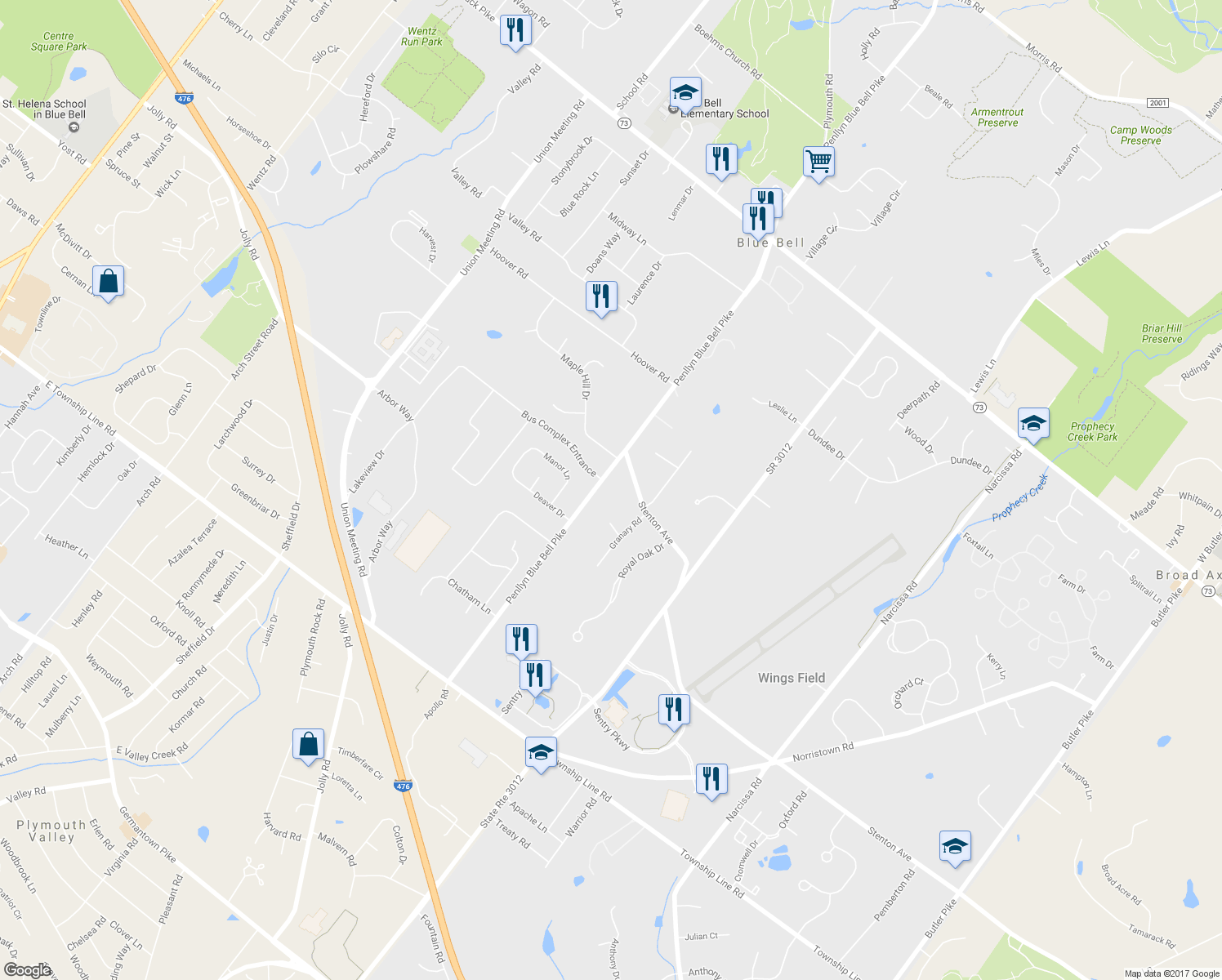 map of restaurants, bars, coffee shops, grocery stores, and more near 1416 Penllyn Blue Bell Pike in Blue Bell